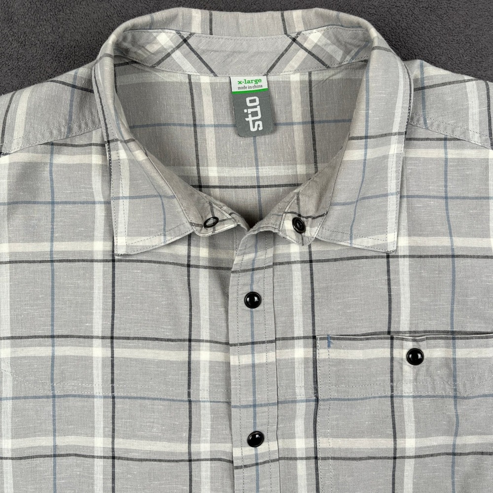 Stio Werner Shirt Mens XL Gray Plaid Short Sleeve Cotton Linen Blend Snap Front
